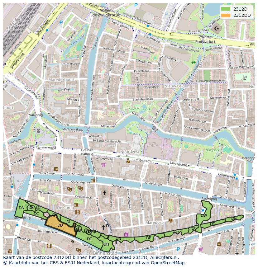 Afbeelding van het postcodegebied 2312 DD op de kaart.