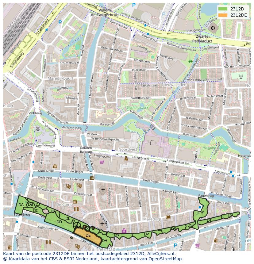 Afbeelding van het postcodegebied 2312 DE op de kaart.