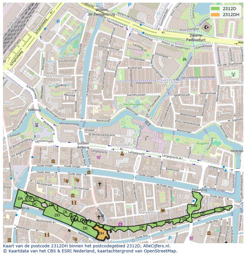 Afbeelding van het postcodegebied 2312 DH op de kaart.