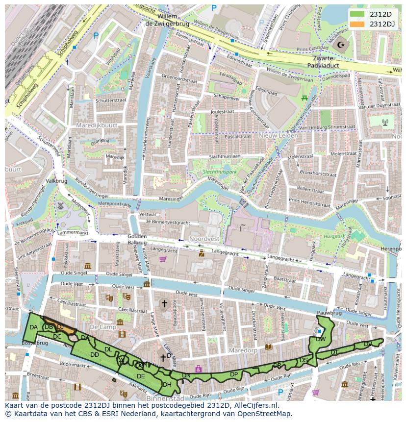 Afbeelding van het postcodegebied 2312 DJ op de kaart.