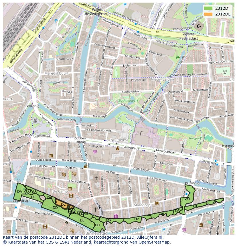 Afbeelding van het postcodegebied 2312 DL op de kaart.