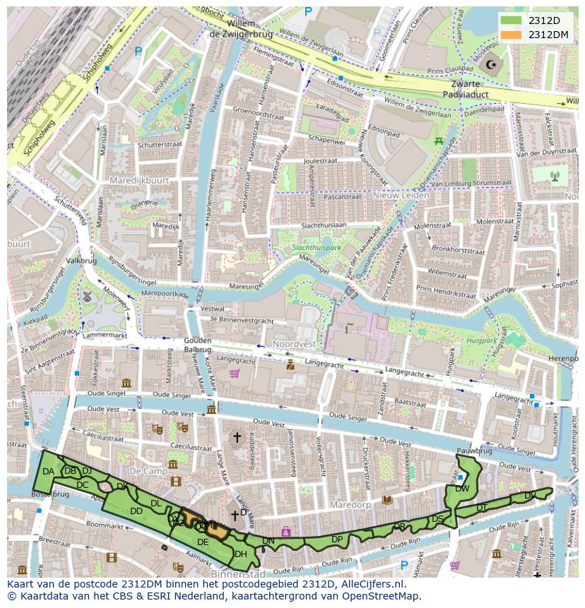 Afbeelding van het postcodegebied 2312 DM op de kaart.