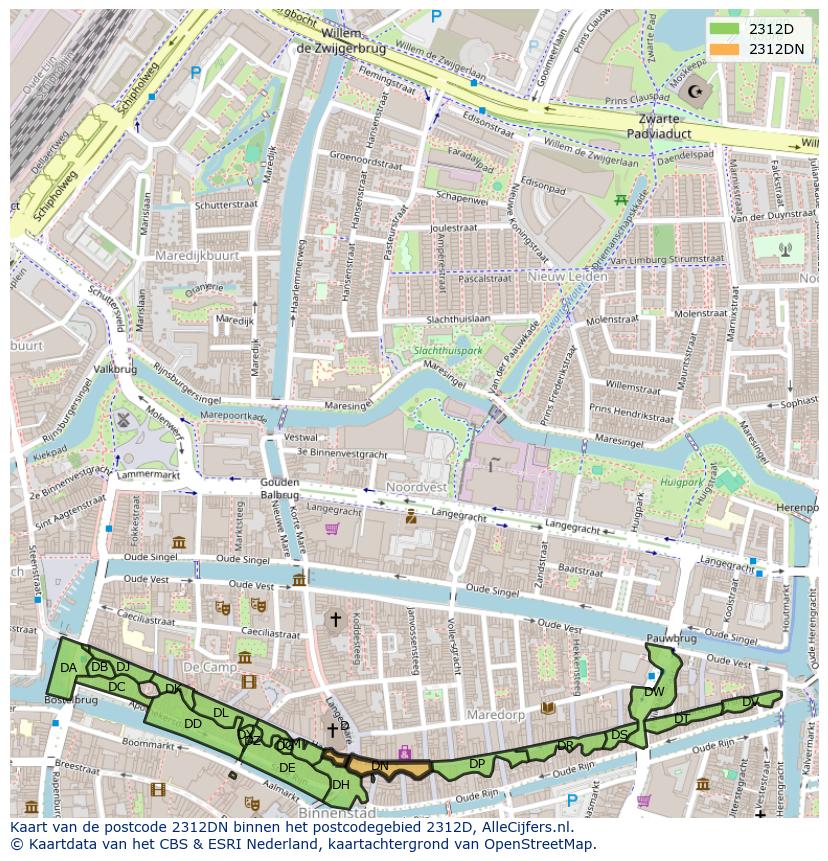 Afbeelding van het postcodegebied 2312 DN op de kaart.