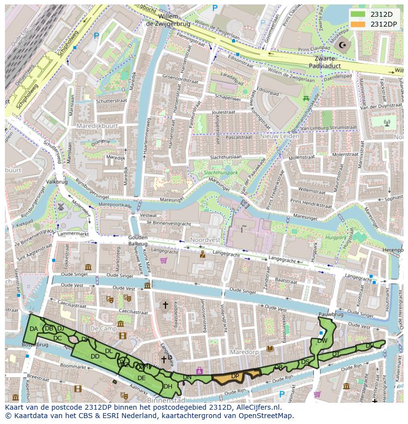Afbeelding van het postcodegebied 2312 DP op de kaart.