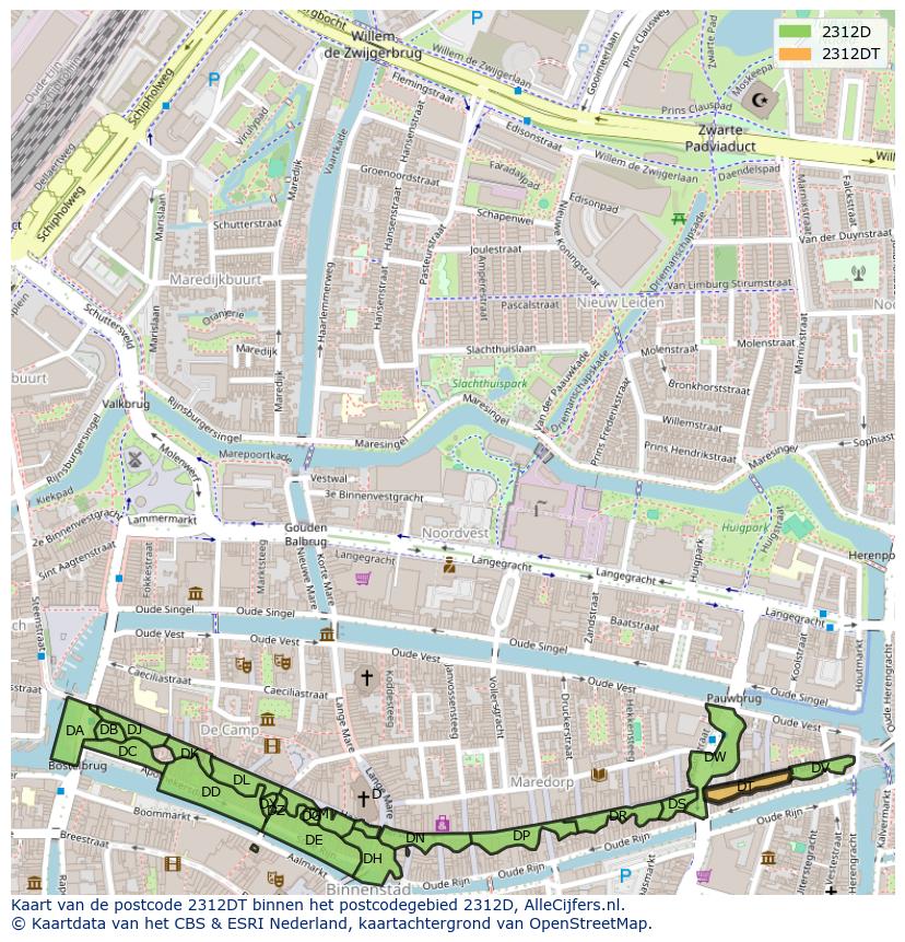 Afbeelding van het postcodegebied 2312 DT op de kaart.