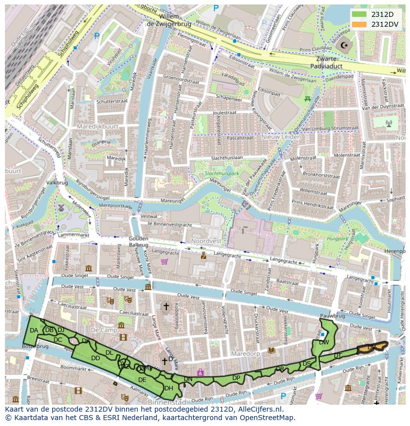 Afbeelding van het postcodegebied 2312 DV op de kaart.