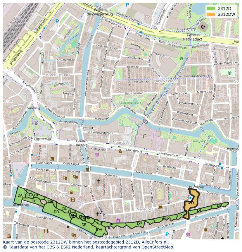 Afbeelding van het postcodegebied 2312 DW op de kaart.