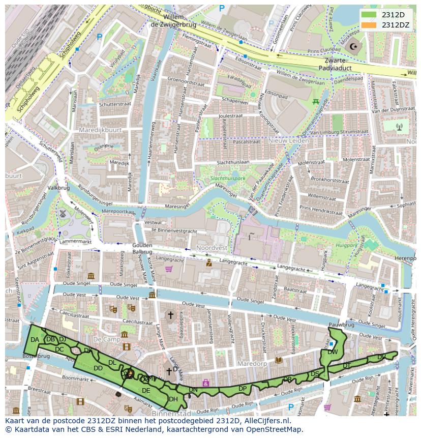 Afbeelding van het postcodegebied 2312 DZ op de kaart.