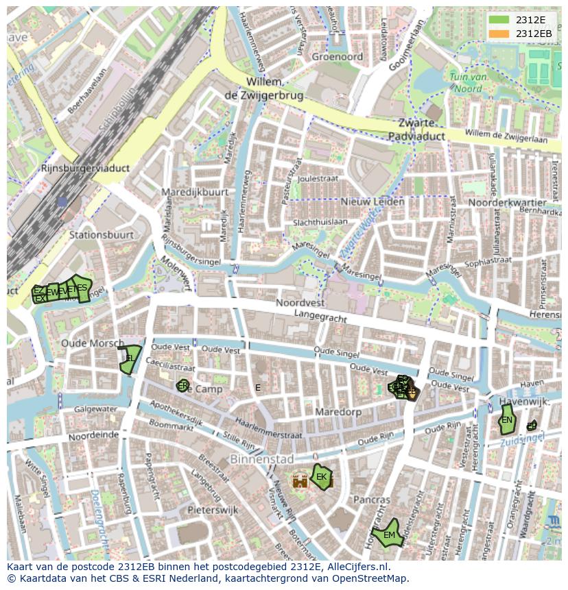 Afbeelding van het postcodegebied 2312 EB op de kaart.