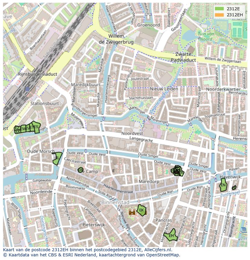 Afbeelding van het postcodegebied 2312 EH op de kaart.