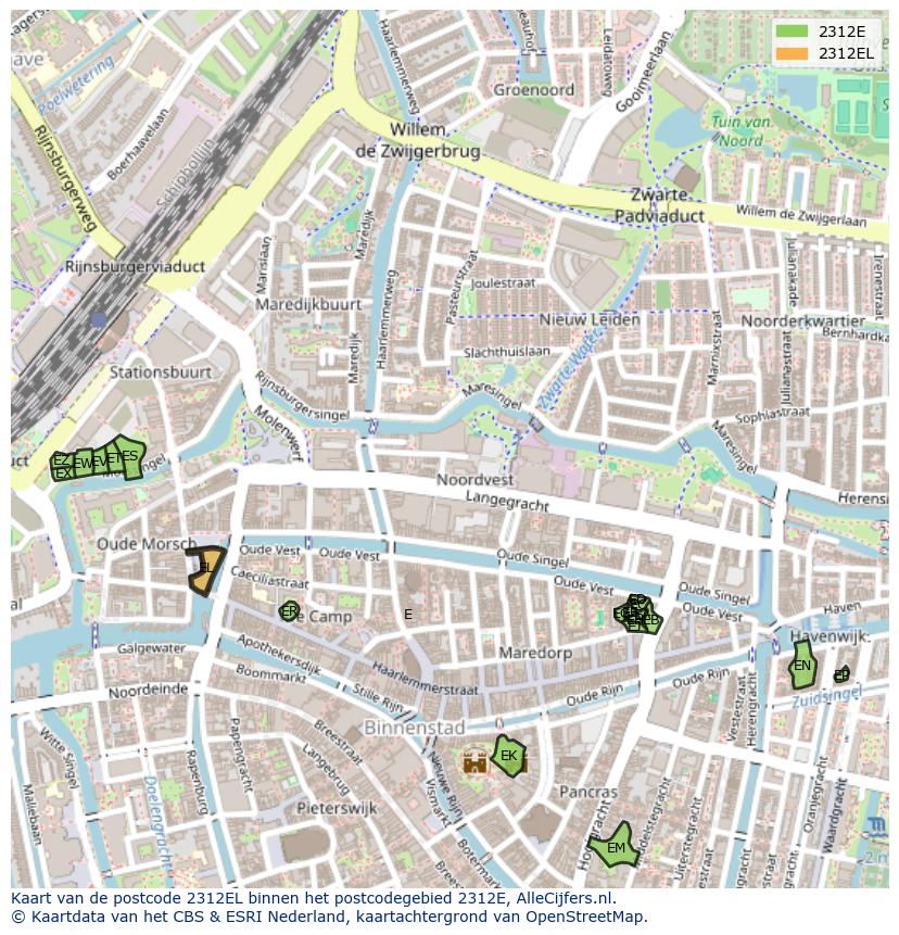 Afbeelding van het postcodegebied 2312 EL op de kaart.
