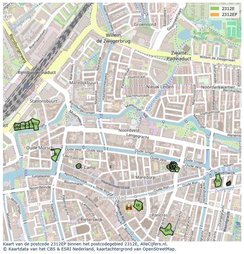 Afbeelding van het postcodegebied 2312 EP op de kaart.