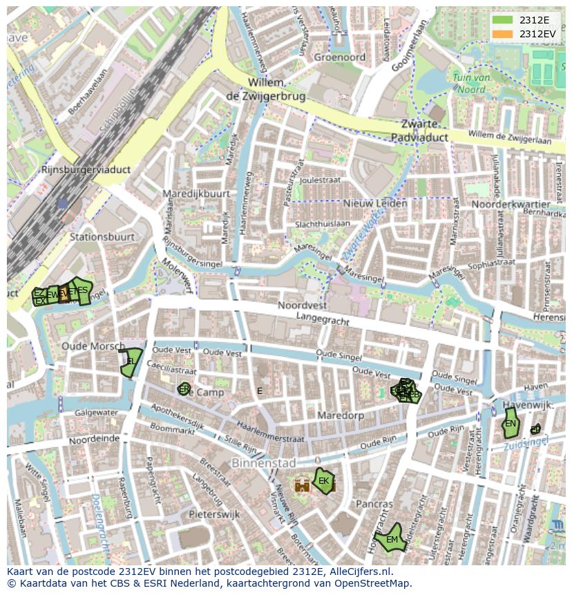 Afbeelding van het postcodegebied 2312 EV op de kaart.