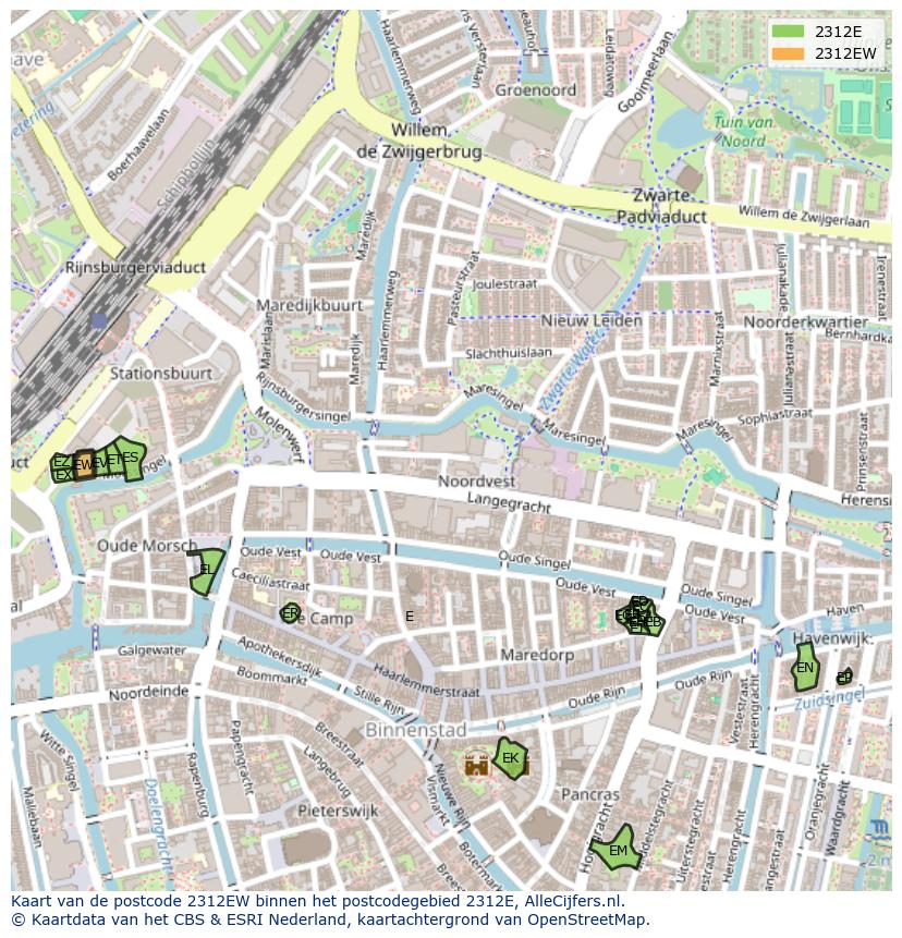 Afbeelding van het postcodegebied 2312 EW op de kaart.