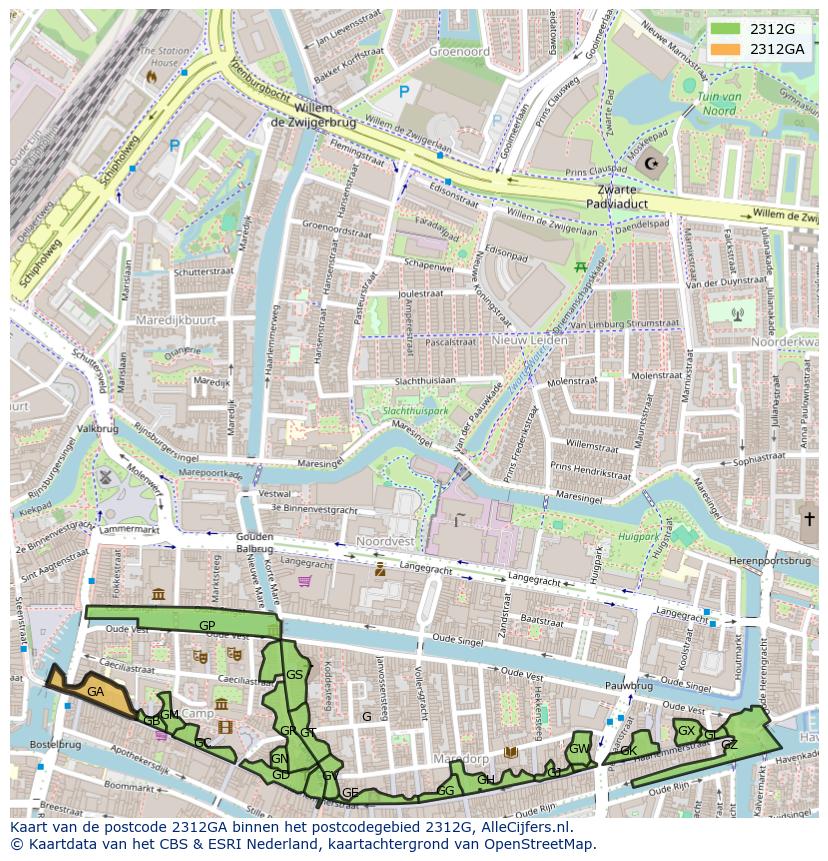 Afbeelding van het postcodegebied 2312 GA op de kaart.