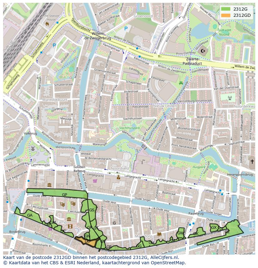 Afbeelding van het postcodegebied 2312 GD op de kaart.