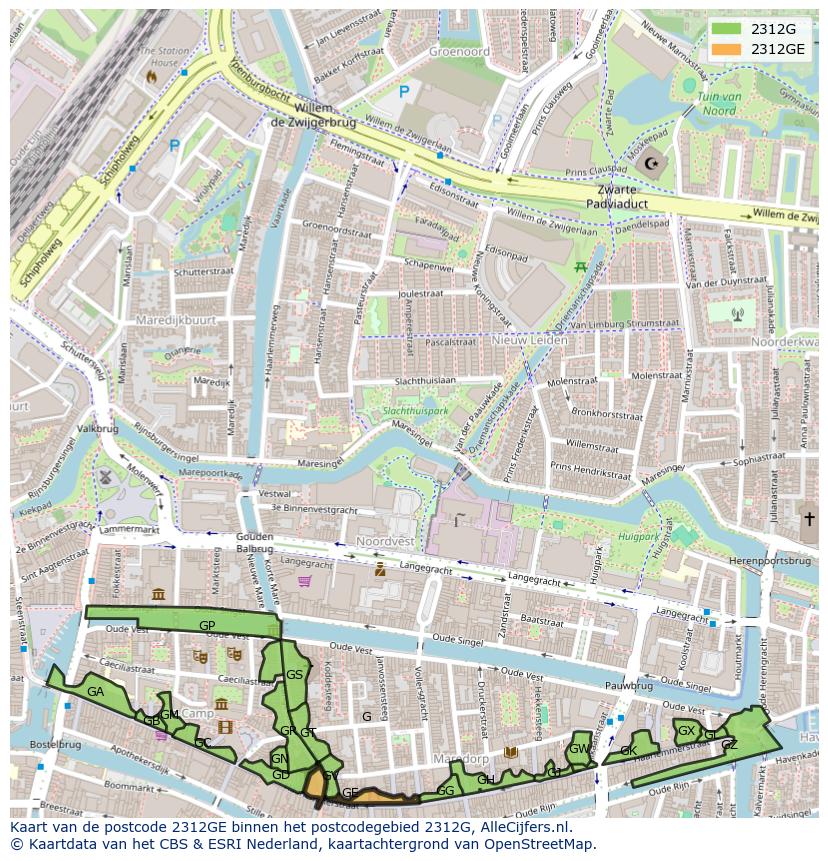 Afbeelding van het postcodegebied 2312 GE op de kaart.