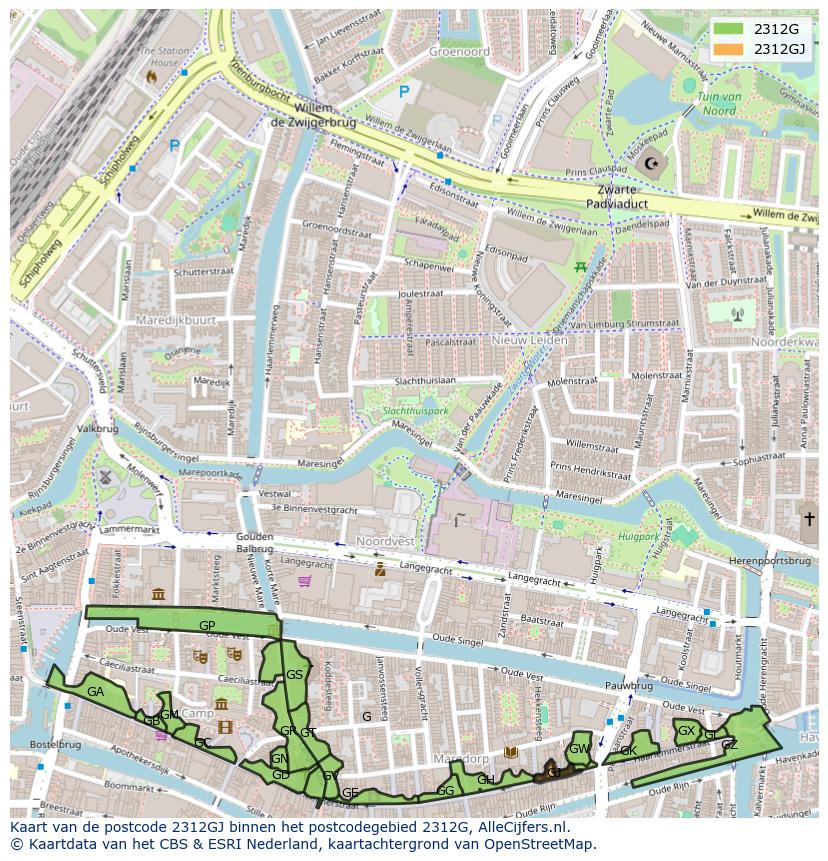 Afbeelding van het postcodegebied 2312 GJ op de kaart.