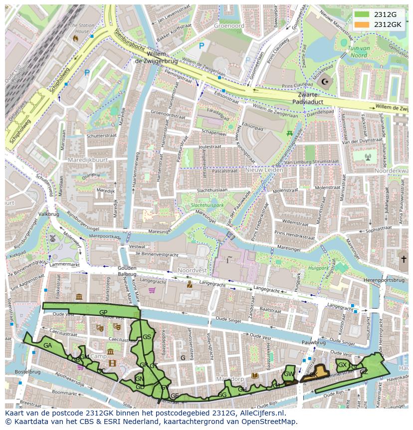 Afbeelding van het postcodegebied 2312 GK op de kaart.