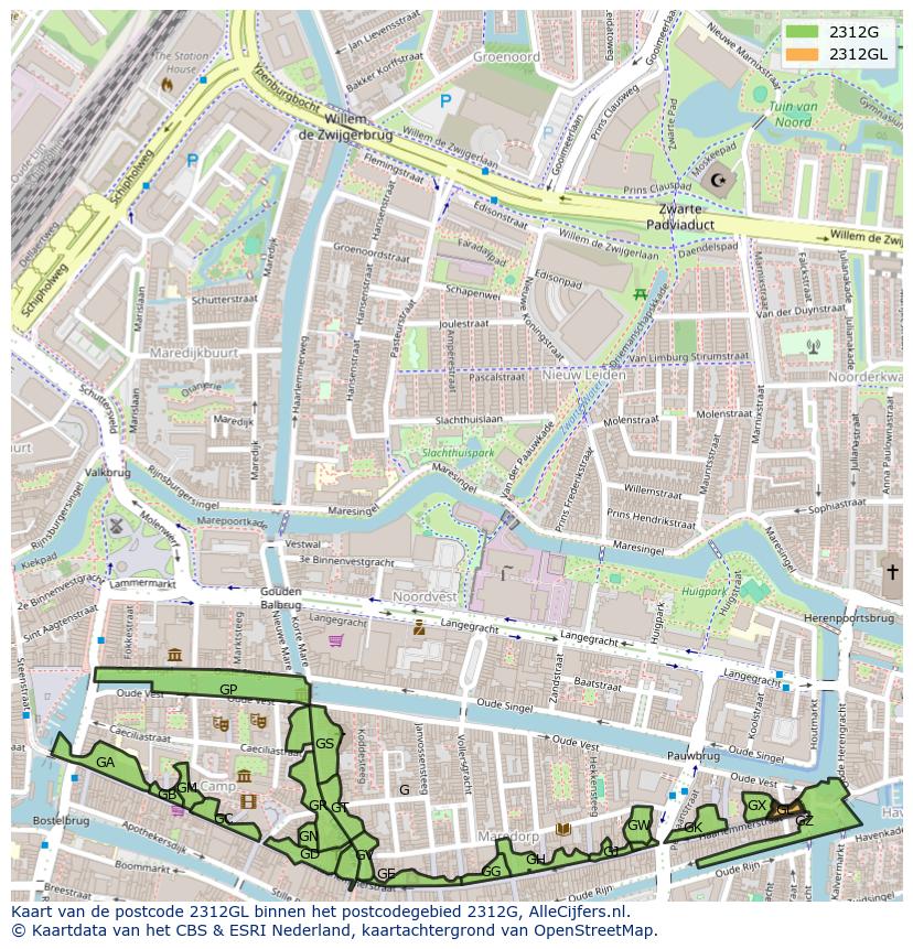 Afbeelding van het postcodegebied 2312 GL op de kaart.