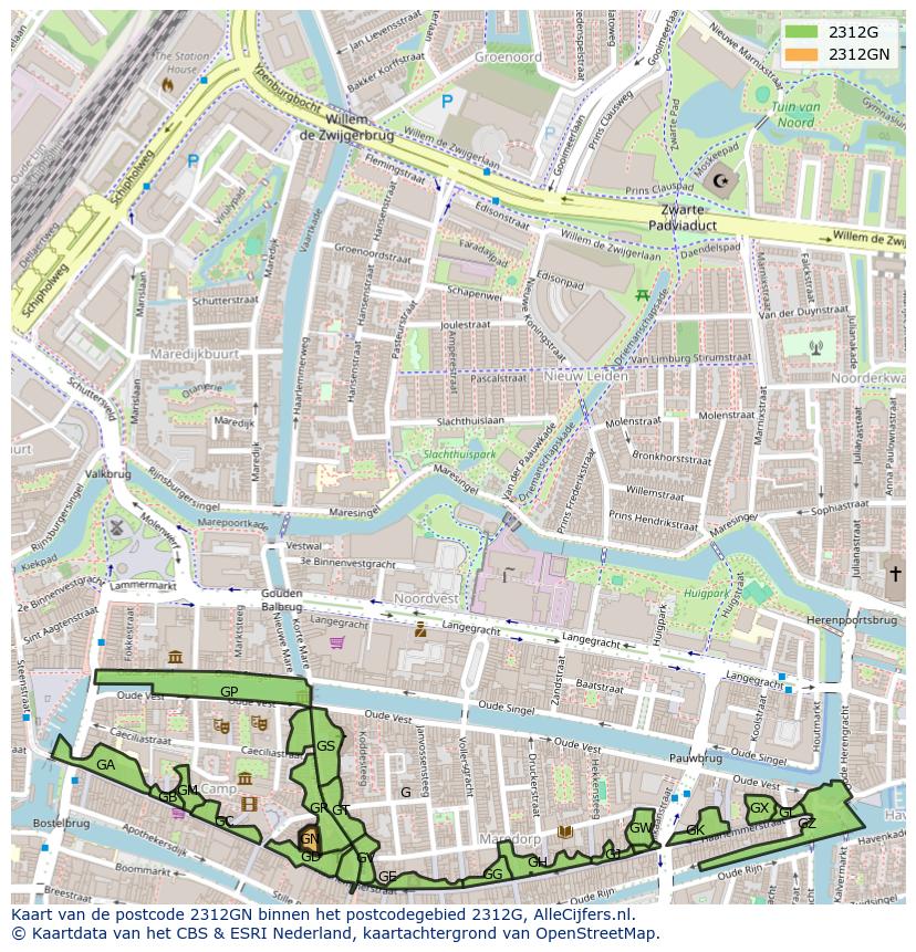 Afbeelding van het postcodegebied 2312 GN op de kaart.