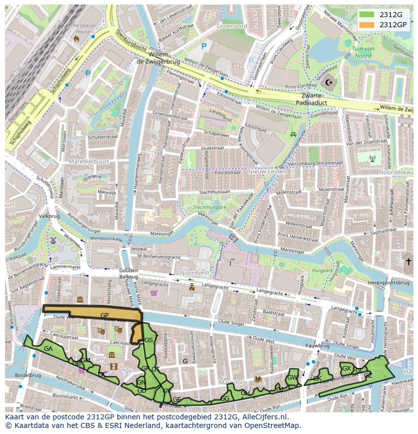 Afbeelding van het postcodegebied 2312 GP op de kaart.