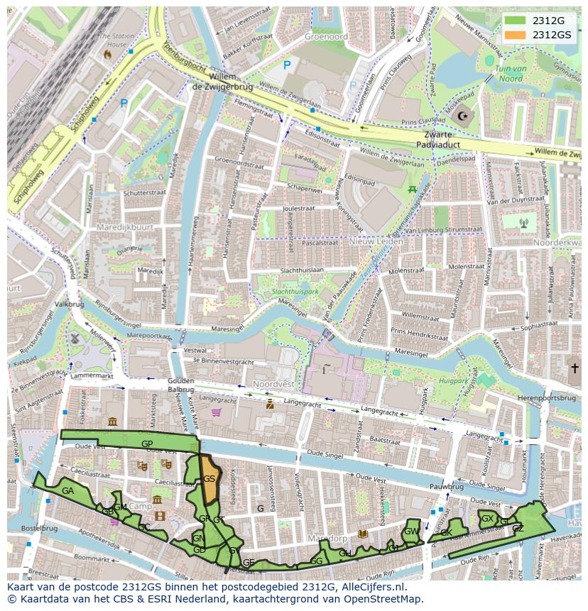 Afbeelding van het postcodegebied 2312 GS op de kaart.