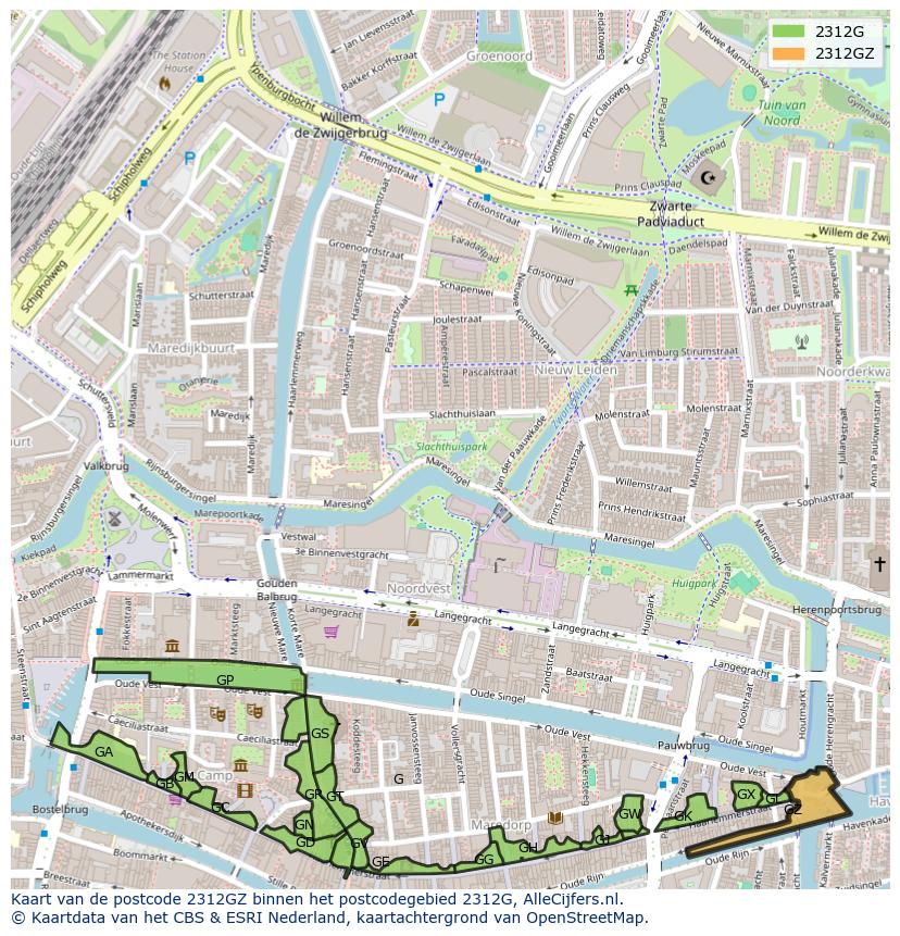 Afbeelding van het postcodegebied 2312 GZ op de kaart.