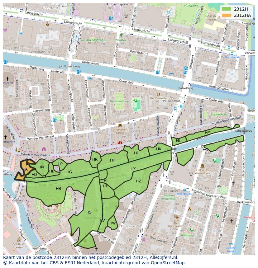 Afbeelding van het postcodegebied 2312 HA op de kaart.