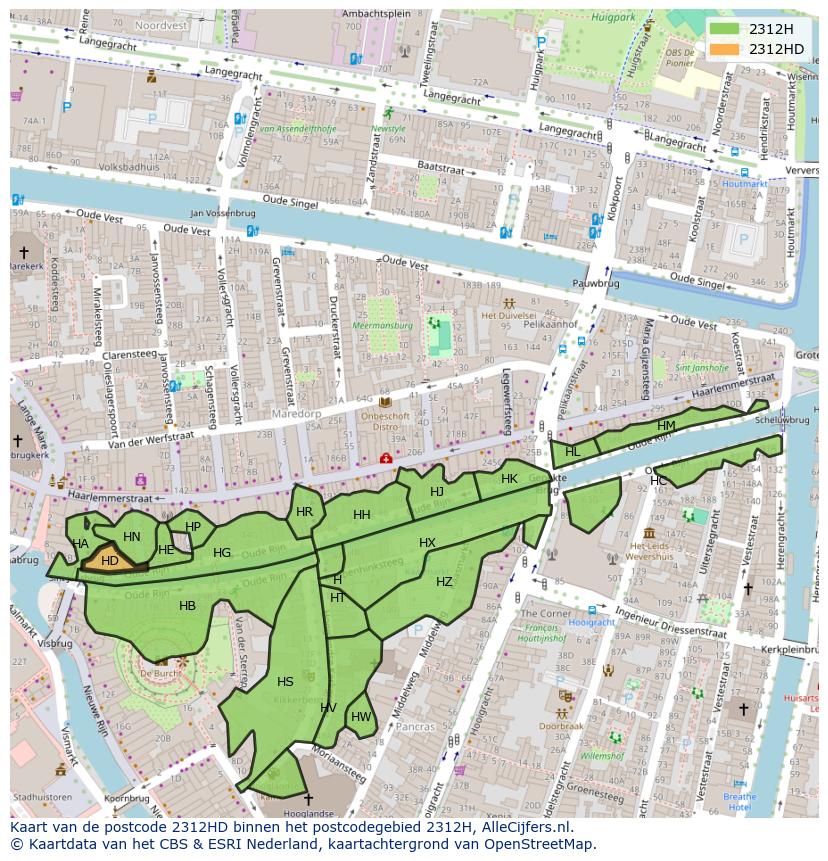 Afbeelding van het postcodegebied 2312 HD op de kaart.