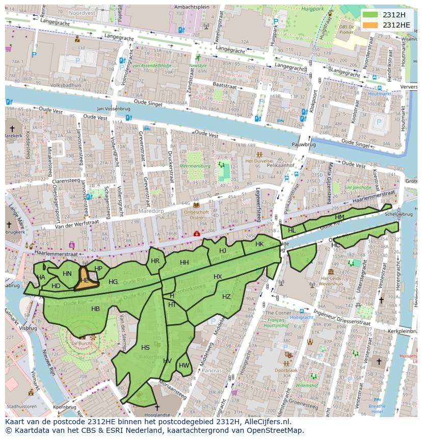 Afbeelding van het postcodegebied 2312 HE op de kaart.