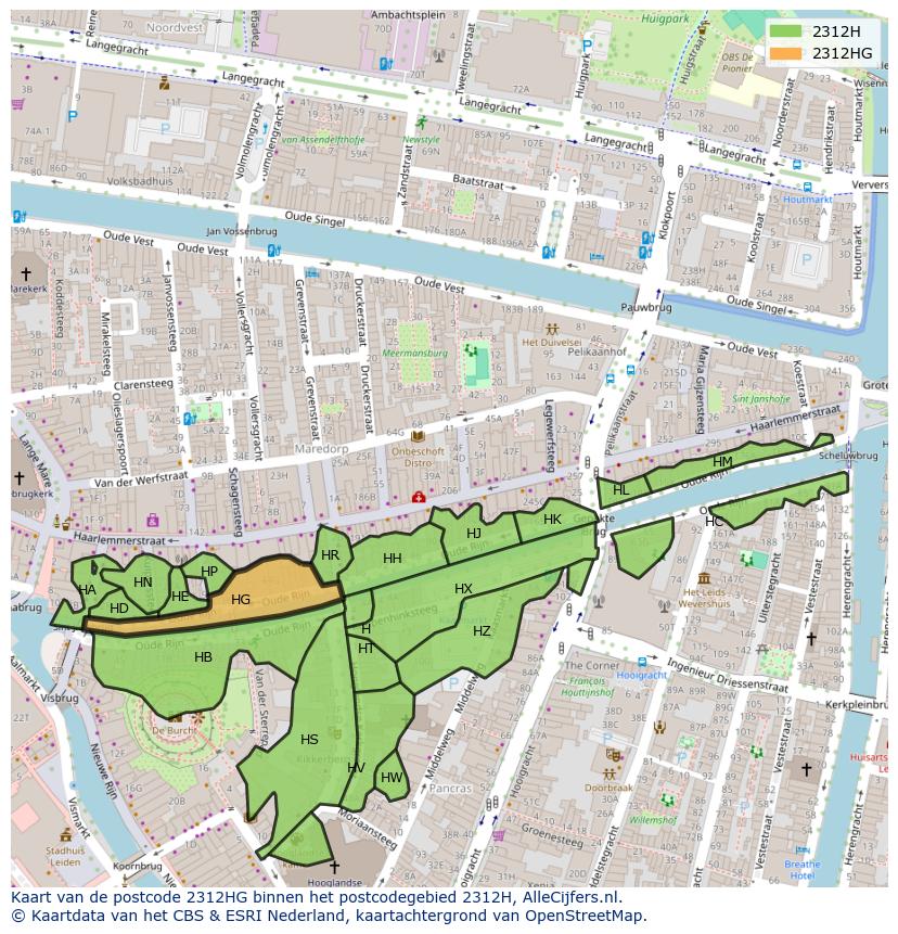 Afbeelding van het postcodegebied 2312 HG op de kaart.
