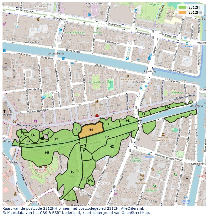 Afbeelding van het postcodegebied 2312 HH op de kaart.
