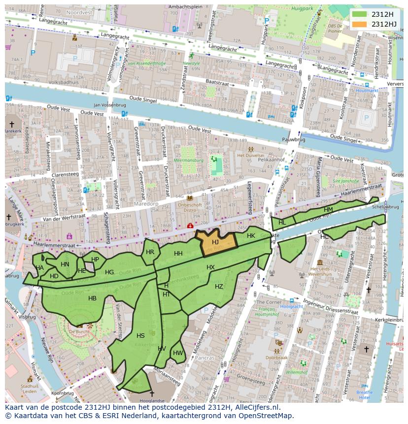 Afbeelding van het postcodegebied 2312 HJ op de kaart.