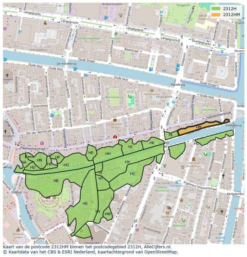 Afbeelding van het postcodegebied 2312 HM op de kaart.