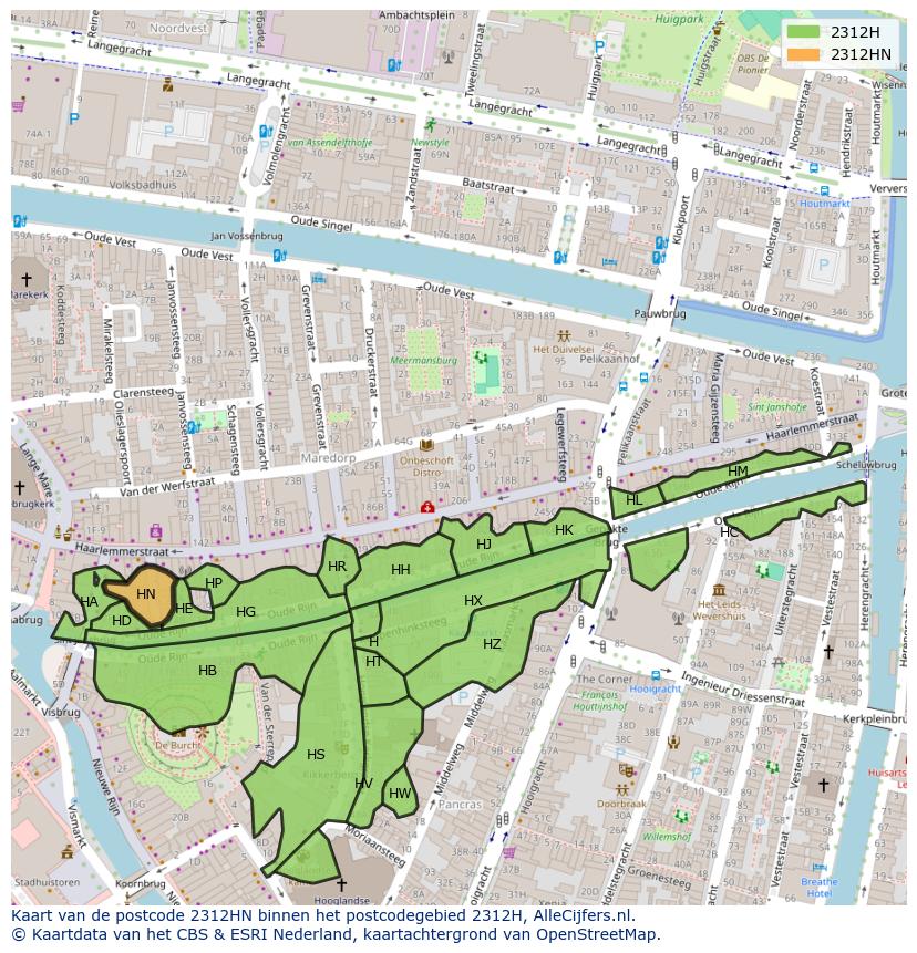 Afbeelding van het postcodegebied 2312 HN op de kaart.