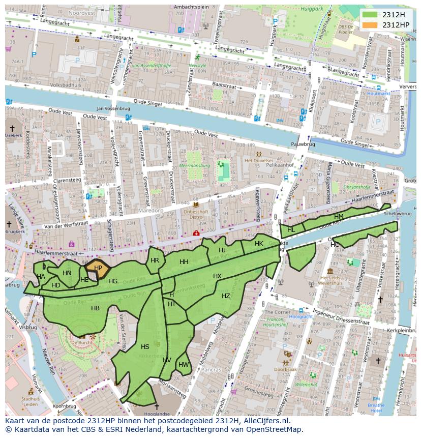Afbeelding van het postcodegebied 2312 HP op de kaart.