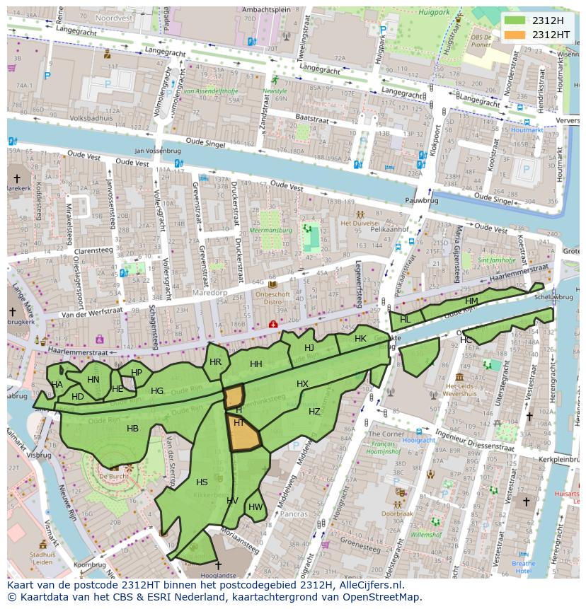 Afbeelding van het postcodegebied 2312 HT op de kaart.