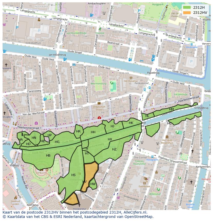 Afbeelding van het postcodegebied 2312 HV op de kaart.