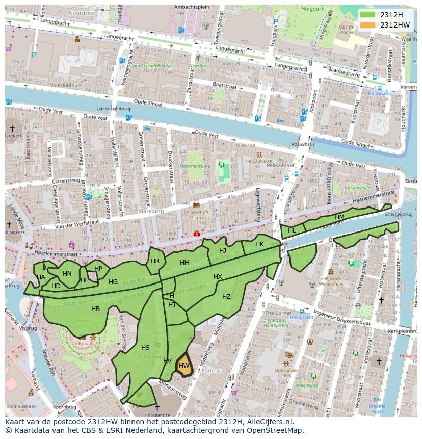 Afbeelding van het postcodegebied 2312 HW op de kaart.