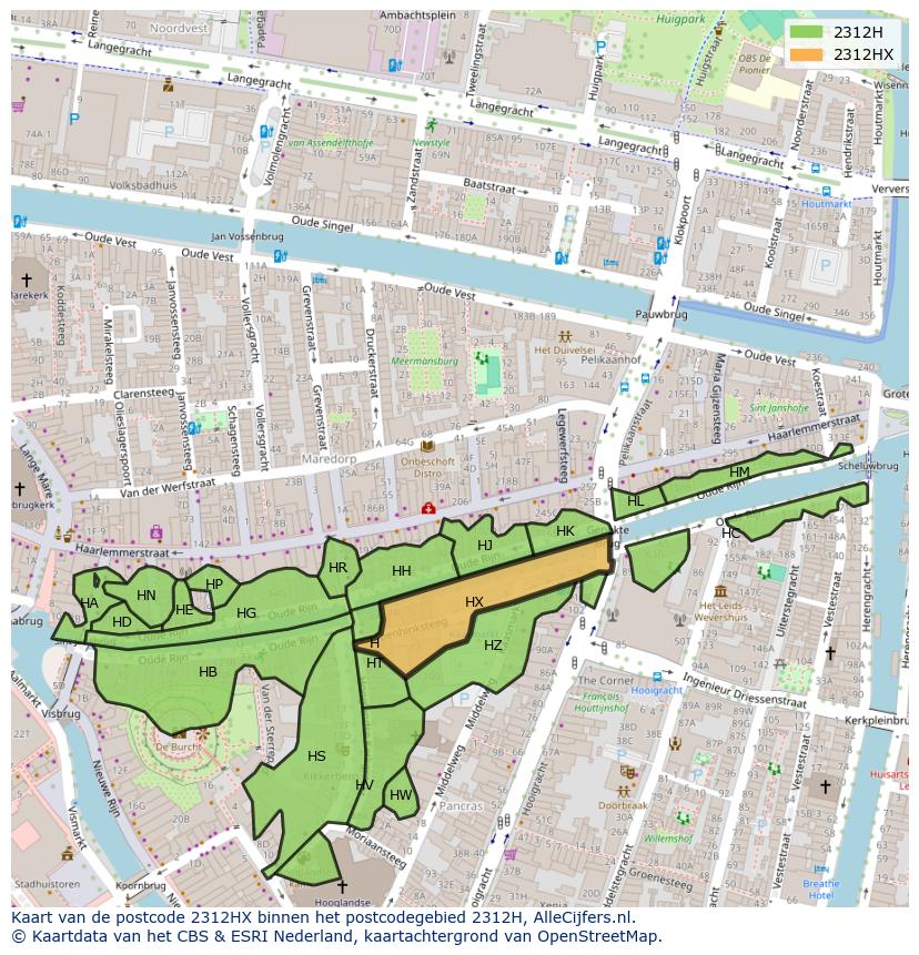 Afbeelding van het postcodegebied 2312 HX op de kaart.