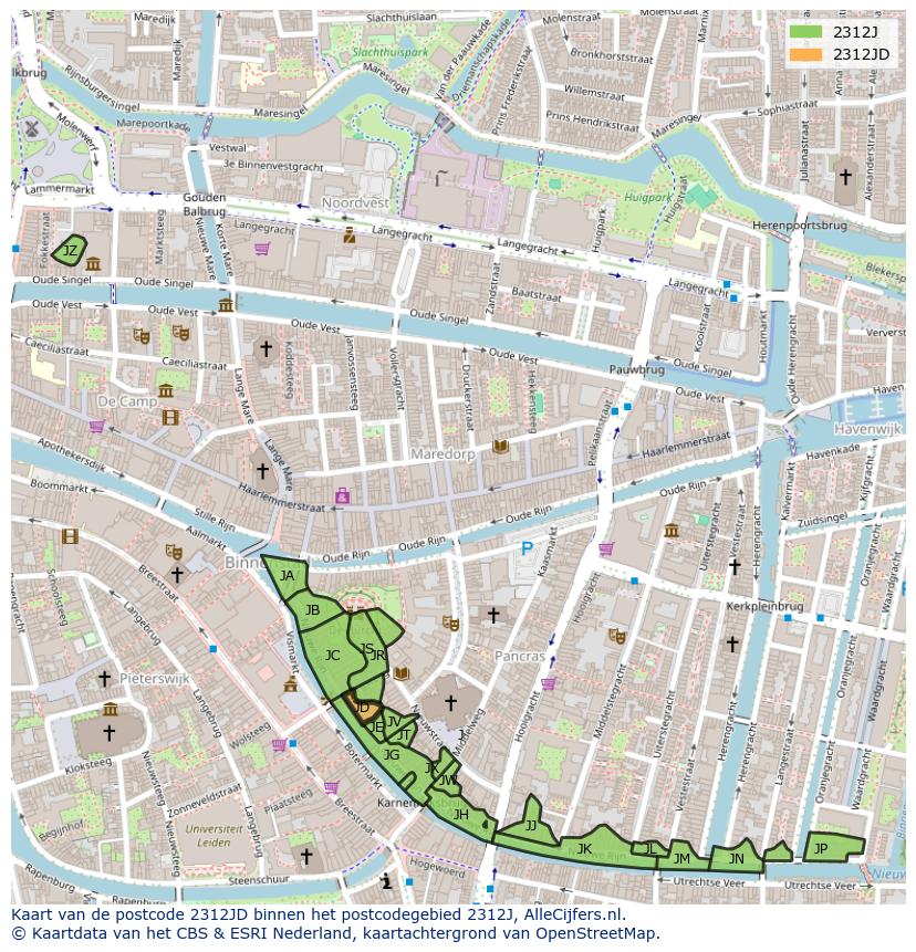 Afbeelding van het postcodegebied 2312 JD op de kaart.