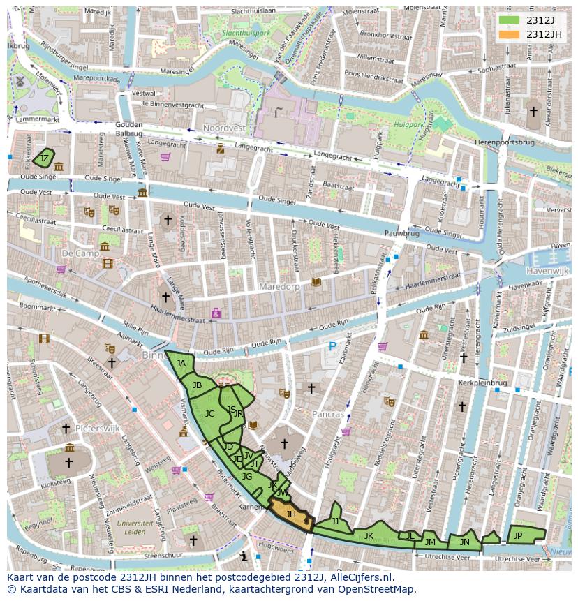 Afbeelding van het postcodegebied 2312 JH op de kaart.