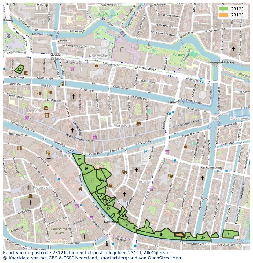 Afbeelding van het postcodegebied 2312 JL op de kaart.