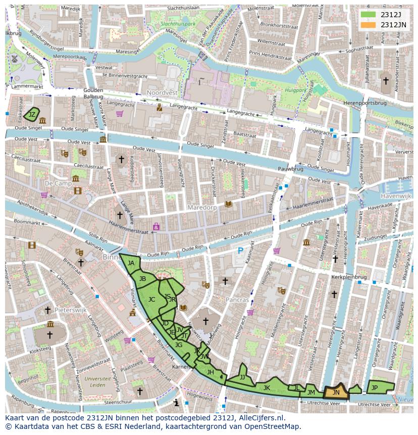 Afbeelding van het postcodegebied 2312 JN op de kaart.