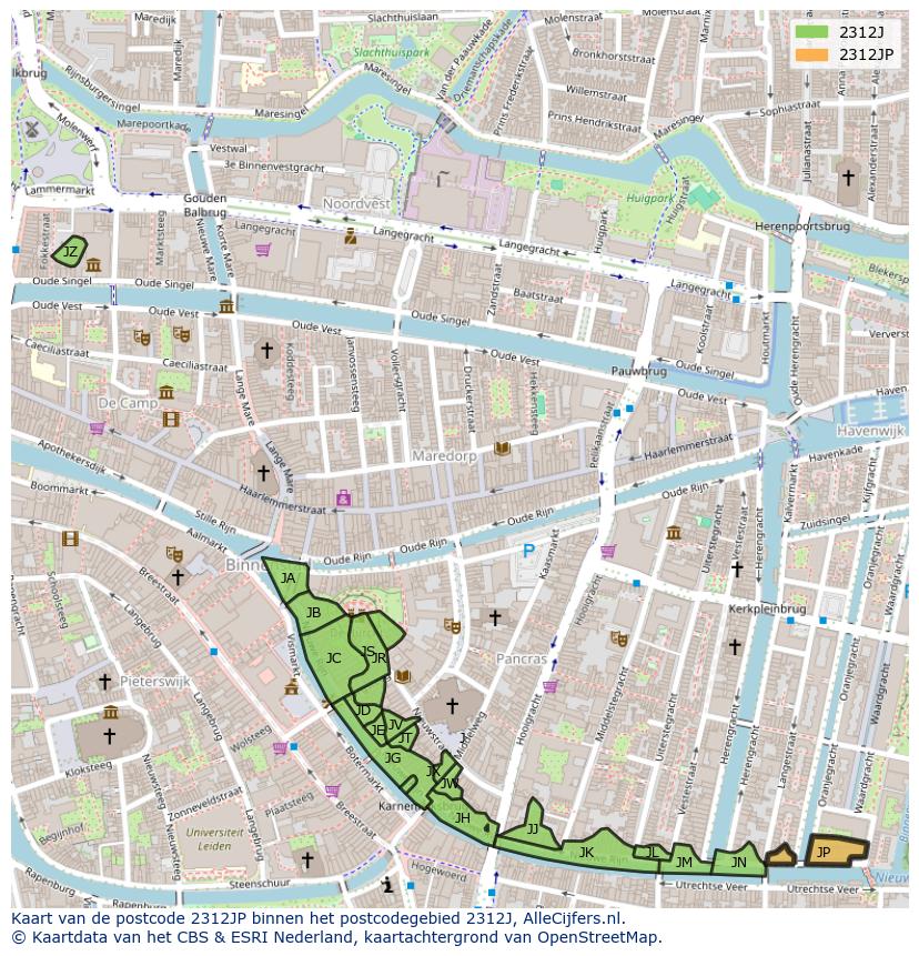 Afbeelding van het postcodegebied 2312 JP op de kaart.