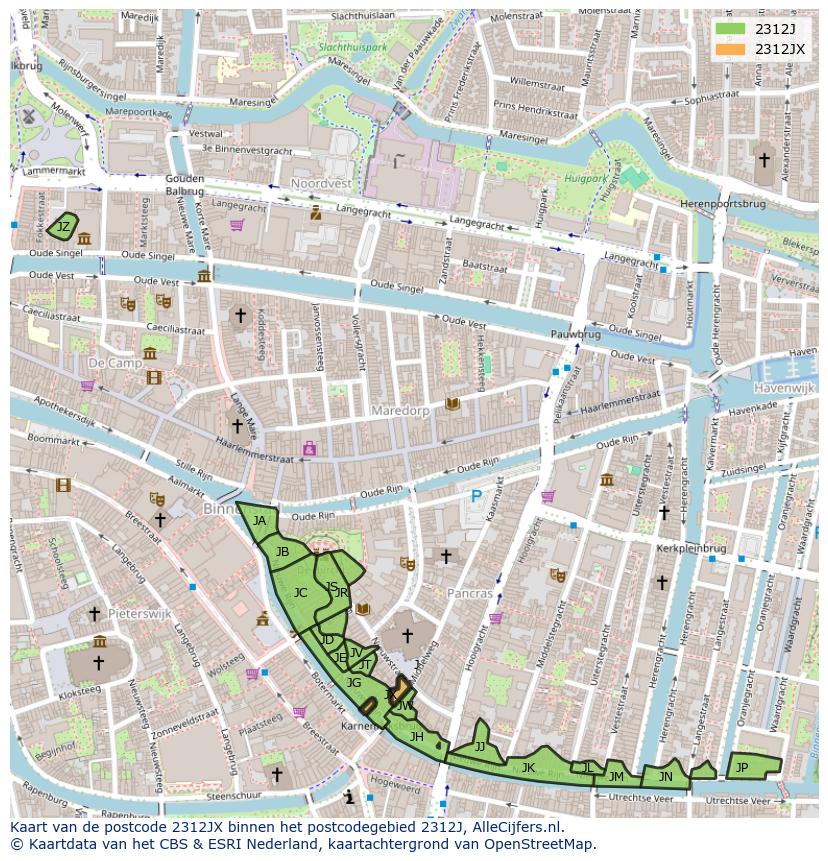 Afbeelding van het postcodegebied 2312 JX op de kaart.