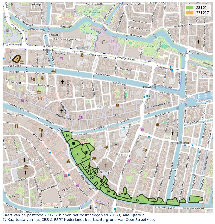 Afbeelding van het postcodegebied 2312 JZ op de kaart.
