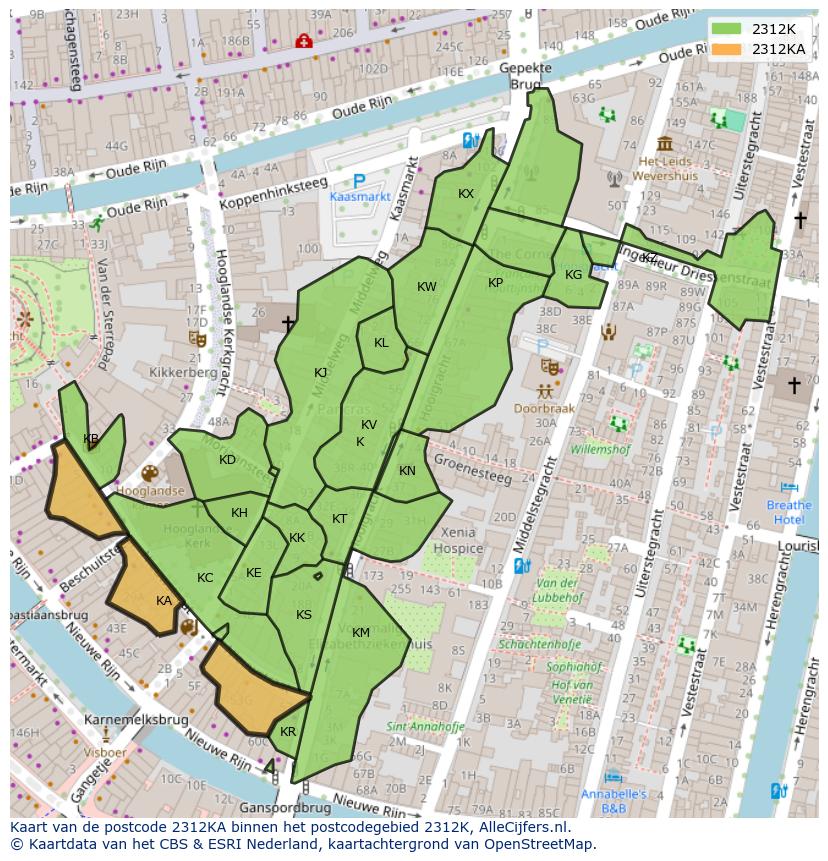 Afbeelding van het postcodegebied 2312 KA op de kaart.