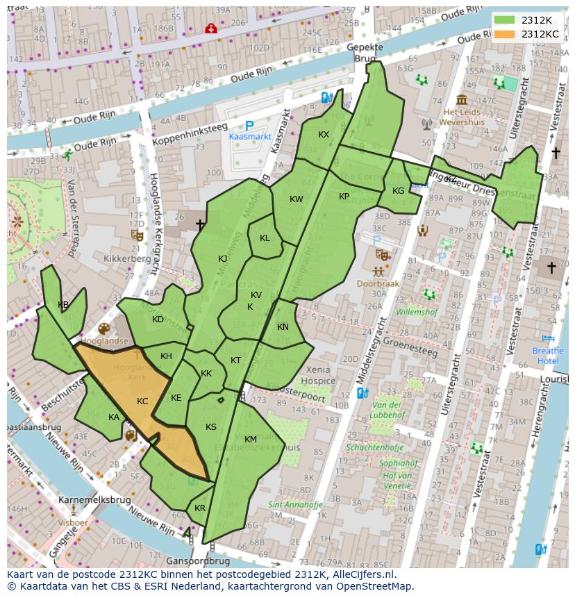 Afbeelding van het postcodegebied 2312 KC op de kaart.